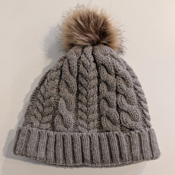 Timberland Grey Cable Knit Beanie with Faux Fur Pom Pom - Picture 2 of 4